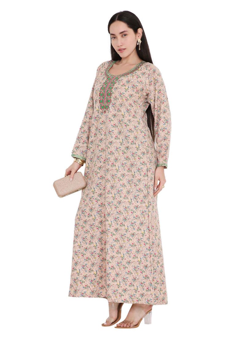 ELEGANT FARASHA WITH UNIQUE THREAD EMBROIDERY AND STYLISH PRINTED MODEST ARABIC KAFTAN JALABIYA DRESS