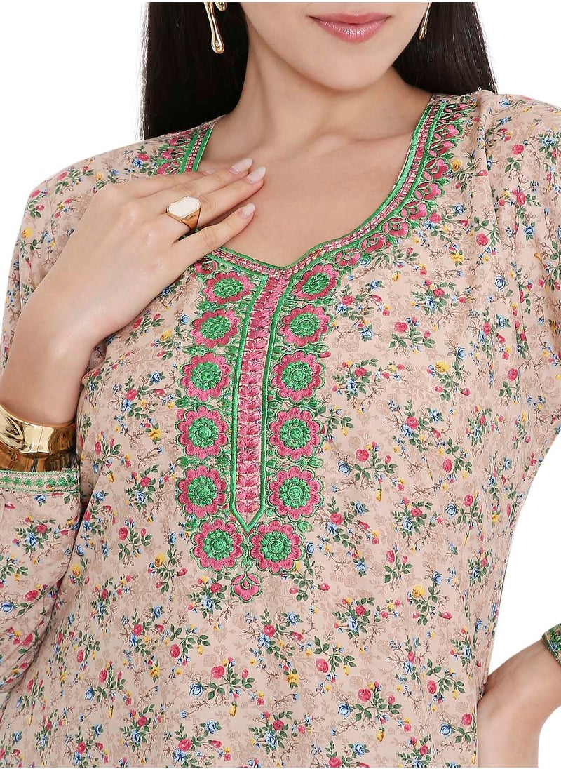 ELEGANT FARASHA WITH UNIQUE THREAD EMBROIDERY AND STYLISH PRINTED MODEST ARABIC KAFTAN JALABIYA DRESS