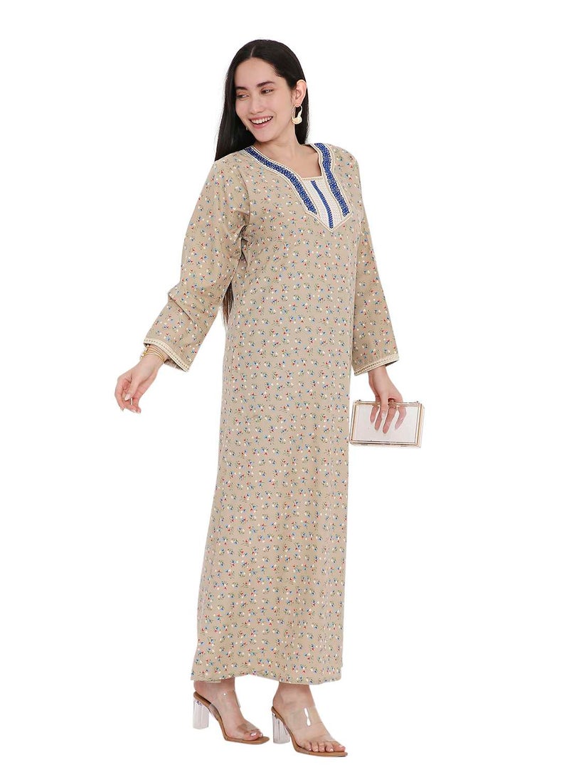 CASUAL ARABIC FARASHA KAFTAN JALABIYA DRESS WITH A TINY FLOWER PRINT AND A UNIQUE THREAD EMBROIDERY ON THE NECK