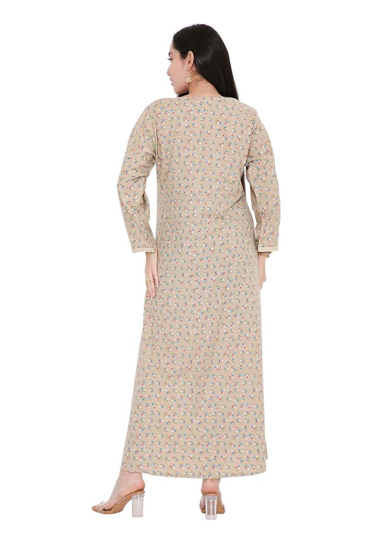 CASUAL ARABIC FARASHA KAFTAN JALABIYA DRESS WITH A TINY FLOWER PRINT AND A UNIQUE THREAD EMBROIDERY ON THE NECK