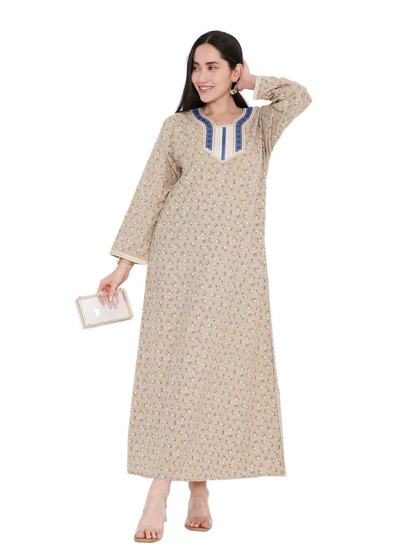 CASUAL ARABIC FARASHA KAFTAN JALABIYA DRESS WITH A TINY FLOWER PRINT AND A UNIQUE THREAD EMBROIDERY ON THE NECK