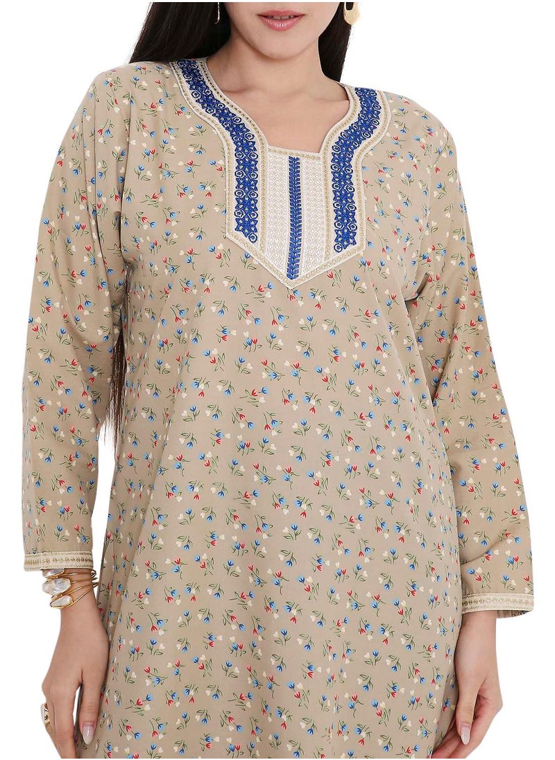 CASUAL ARABIC FARASHA KAFTAN JALABIYA DRESS WITH A TINY FLOWER PRINT AND A UNIQUE THREAD EMBROIDERY ON THE NECK