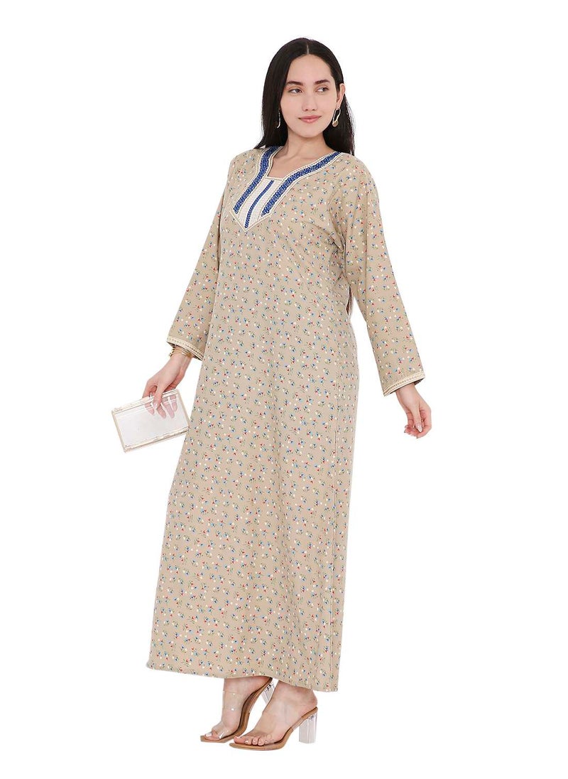 CASUAL ARABIC FARASHA KAFTAN JALABIYA DRESS WITH A TINY FLOWER PRINT AND A UNIQUE THREAD EMBROIDERY ON THE NECK