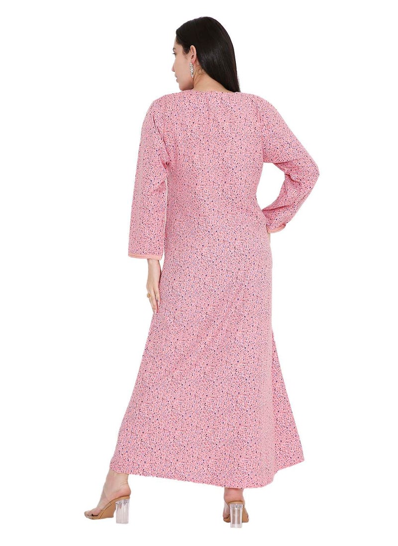 TINY FLOWER PRINT WITH UNIQUE THREAD EMBROIDERY ON NECK CASUAL ARABIC FARASHA KAFTAN JALABIYA DRESS