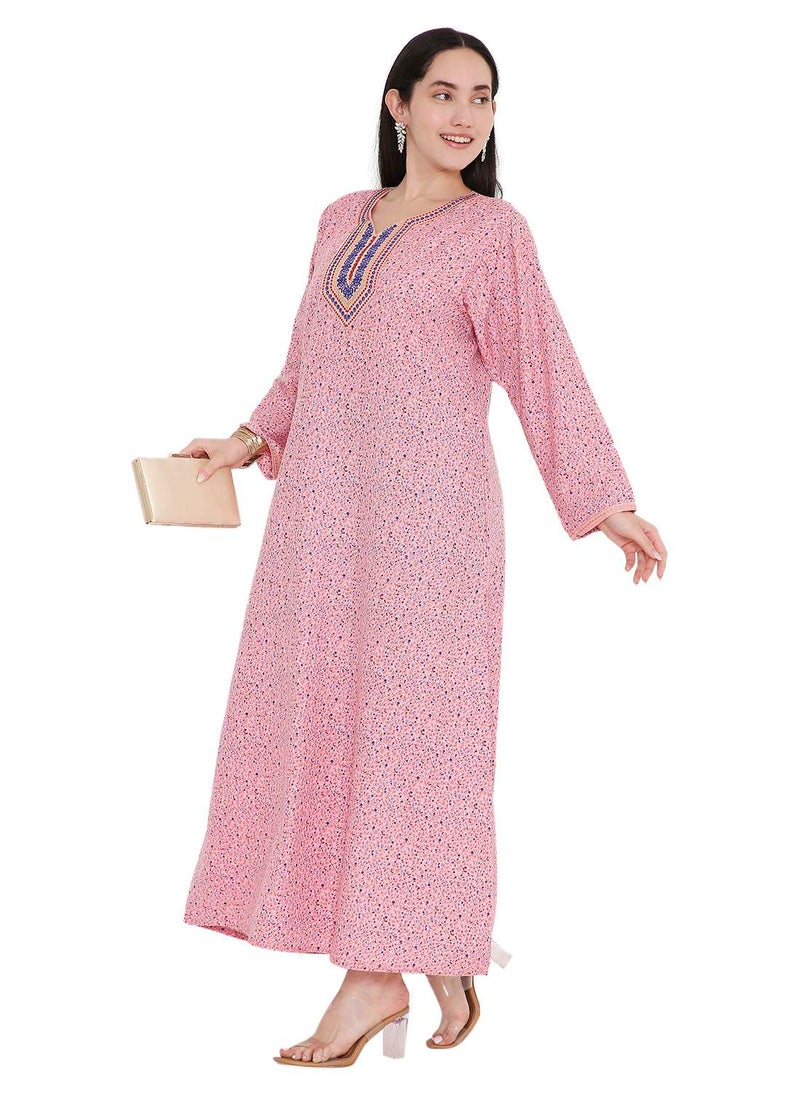 TINY FLOWER PRINT WITH UNIQUE THREAD EMBROIDERY ON NECK CASUAL ARABIC FARASHA KAFTAN JALABIYA DRESS
