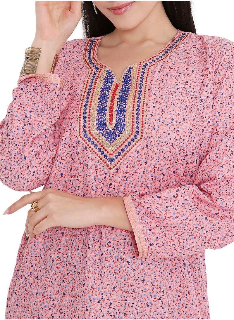 TINY FLOWER PRINT WITH UNIQUE THREAD EMBROIDERY ON NECK CASUAL ARABIC FARASHA KAFTAN JALABIYA DRESS