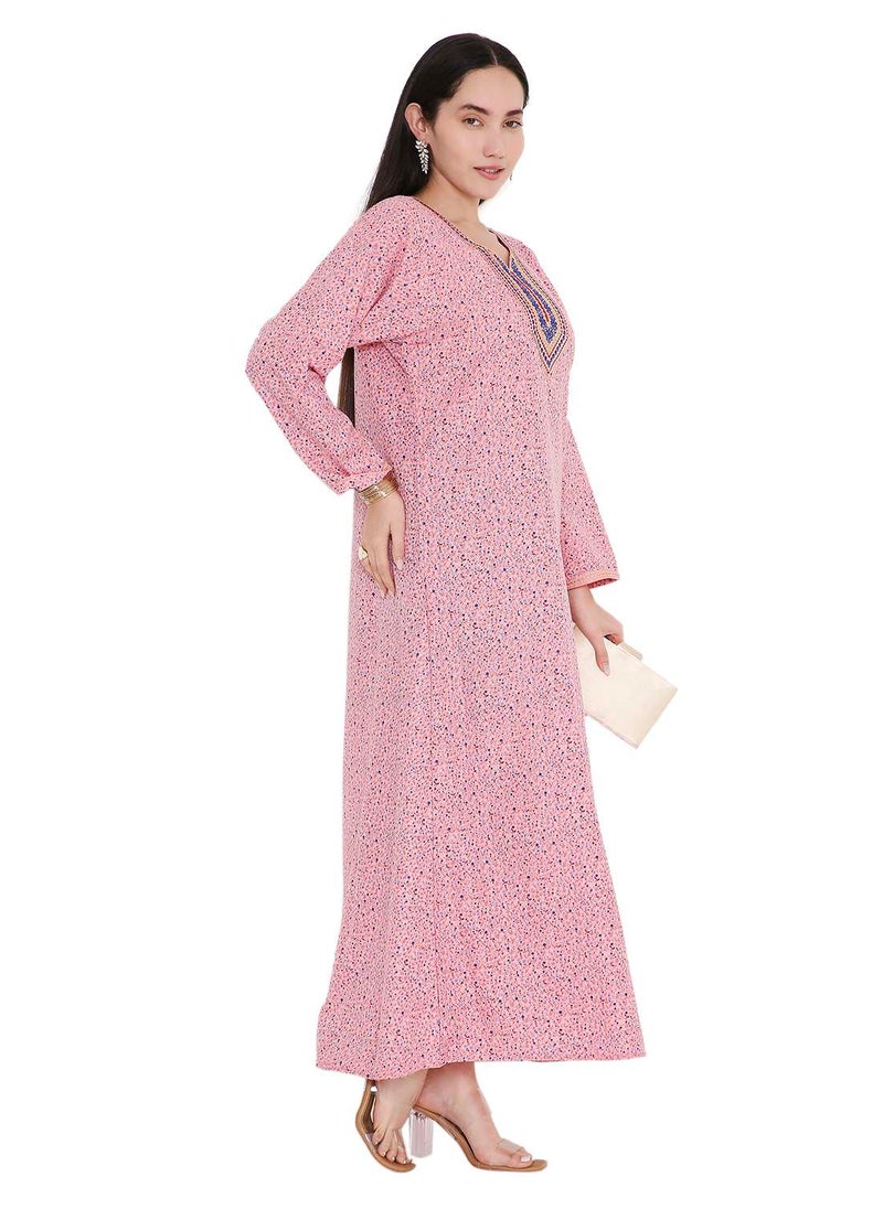 TINY FLOWER PRINT WITH UNIQUE THREAD EMBROIDERY ON NECK CASUAL ARABIC FARASHA KAFTAN JALABIYA DRESS