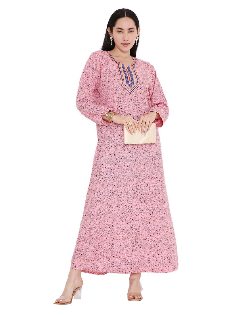 TINY FLOWER PRINT WITH UNIQUE THREAD EMBROIDERY ON NECK CASUAL ARABIC FARASHA KAFTAN JALABIYA DRESS