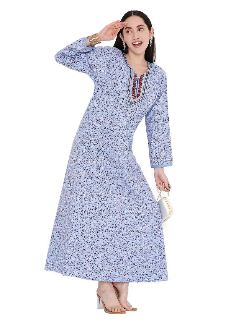 TINY FLOWER PRINT WITH UNIQUE THREAD EMBROIDERY ON NECK CASUAL ARABIC FARASHA KAFTAN JALABIYA DRESS