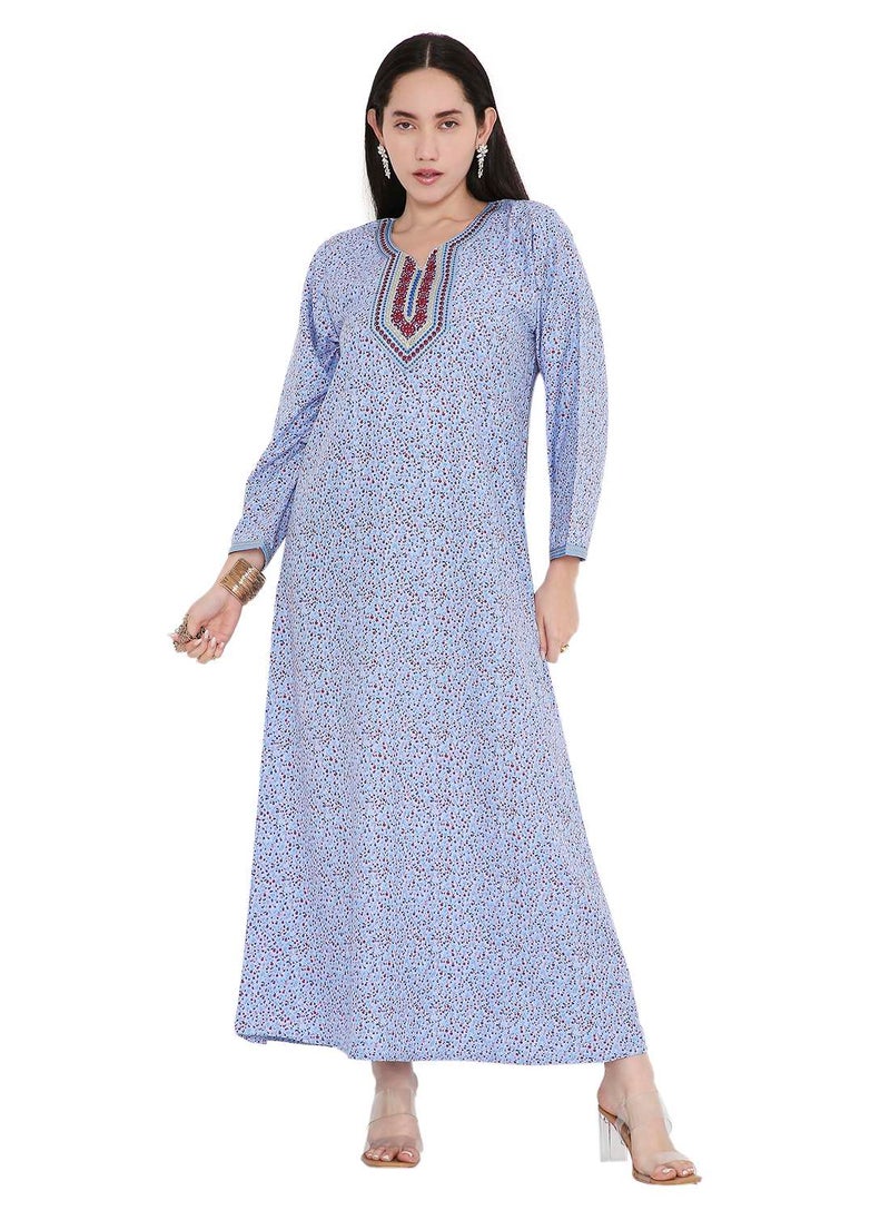 TINY FLOWER PRINT WITH UNIQUE THREAD EMBROIDERY ON NECK CASUAL ARABIC FARASHA KAFTAN JALABIYA DRESS
