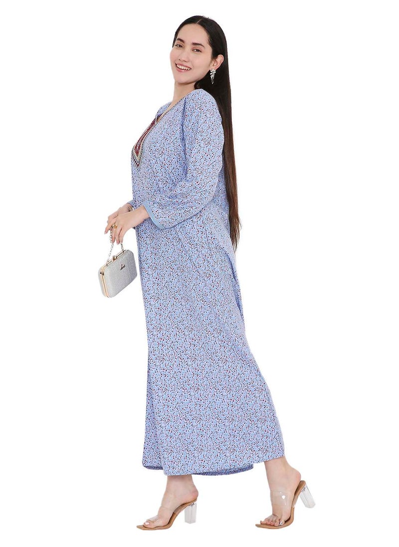 TINY FLOWER PRINT WITH UNIQUE THREAD EMBROIDERY ON NECK CASUAL ARABIC FARASHA KAFTAN JALABIYA DRESS