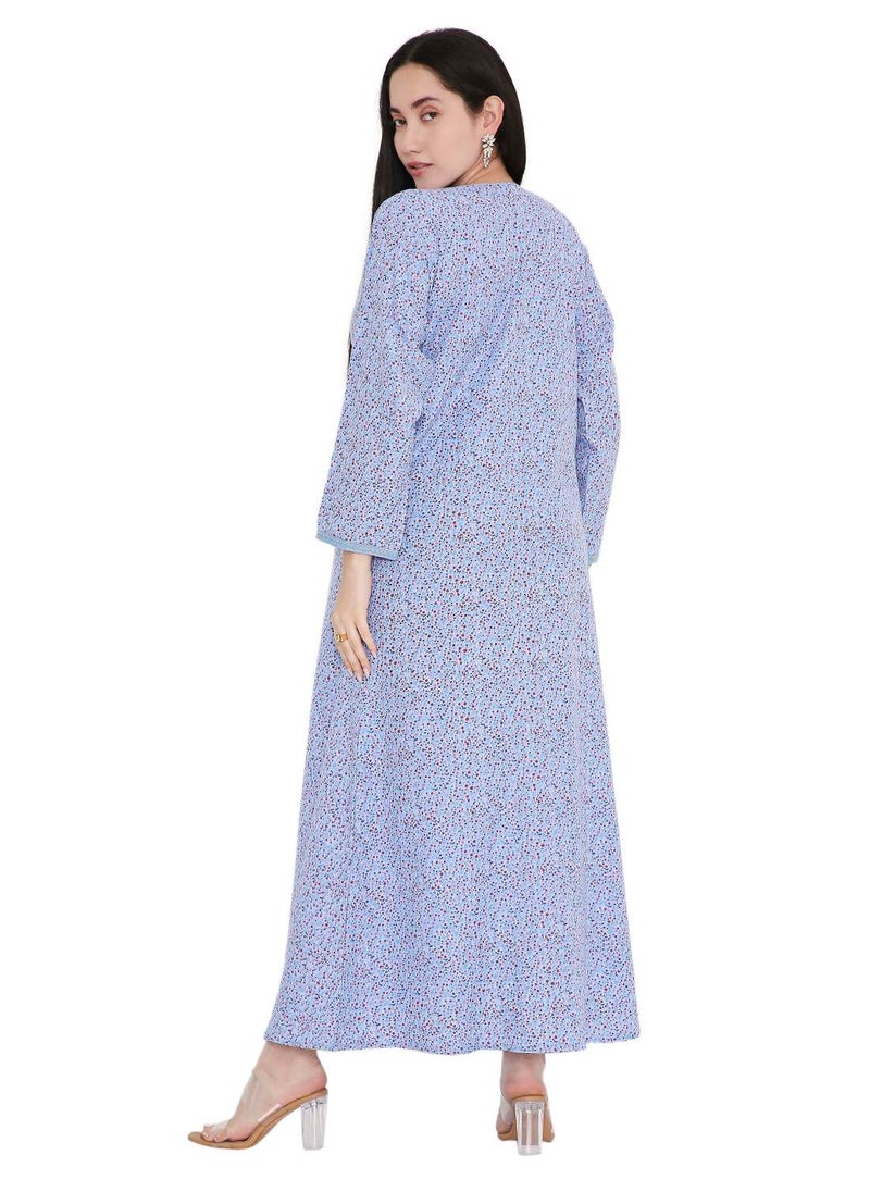 TINY FLOWER PRINT WITH UNIQUE THREAD EMBROIDERY ON NECK CASUAL ARABIC FARASHA KAFTAN JALABIYA DRESS