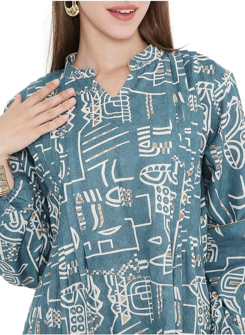 UNIQUE PRINTED SHORT FARASHA MODEST WEAR ARABIC KAFTAN JALABIYA DRESS
