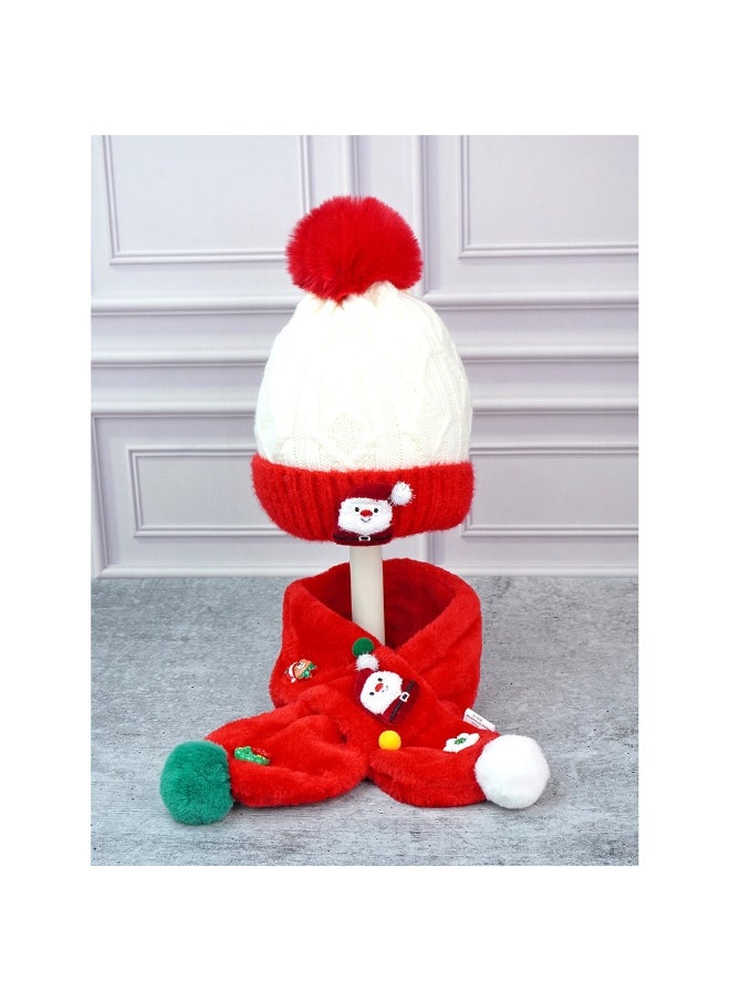 2Pcs Red Santa Christmas Themed Winter Cap Beanie With Matching Long Style Neck Muffler For Kids