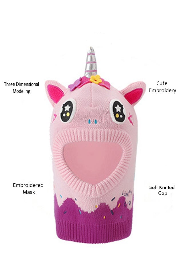 Knitted Pink Border Unicorn theme Winter Cap covering  Neck Ears and Head for Minus degree Temperature5 yrs and above