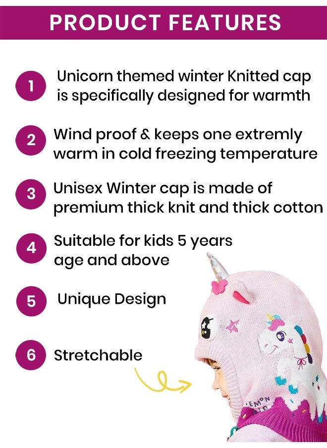 Knitted Pink Border Unicorn theme Winter Cap covering  Neck Ears and Head for Minus degree Temperature5 yrs and above
