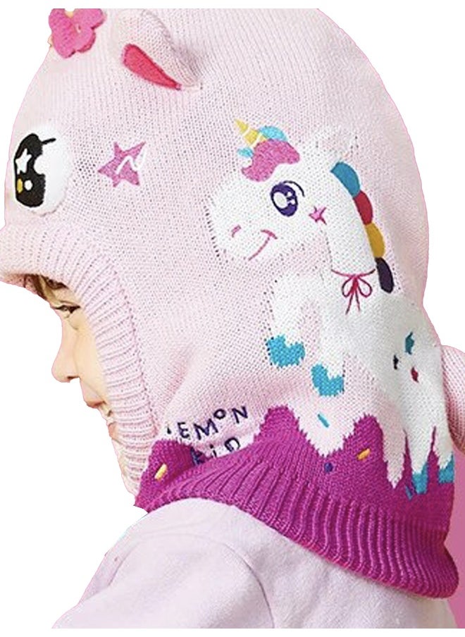 Knitted Pink Border Unicorn theme Winter Cap covering  Neck Ears and Head for Minus degree Temperature5 yrs and above