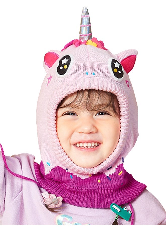 Knitted Pink Border Unicorn theme Winter Cap covering  Neck Ears and Head for Minus degree Temperature5 yrs and above