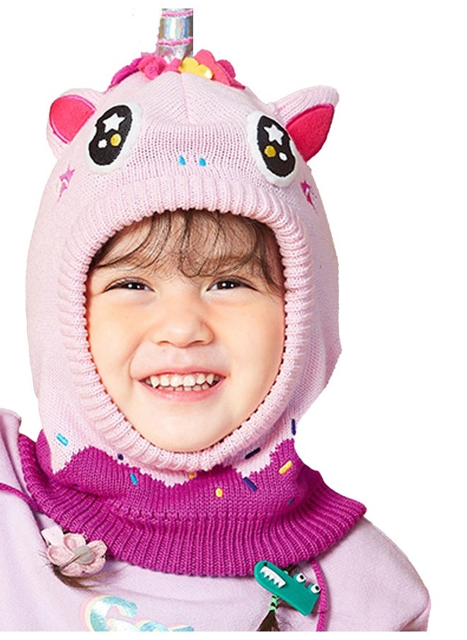 Knitted Pink Border Unicorn theme Winter Cap covering  Neck Ears and Head for Minus degree Temperature5 yrs and above