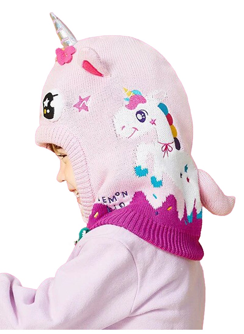 Knitted Pink Border Unicorn theme Winter Cap covering  Neck Ears and Head for Minus degree Temperature5 yrs and above