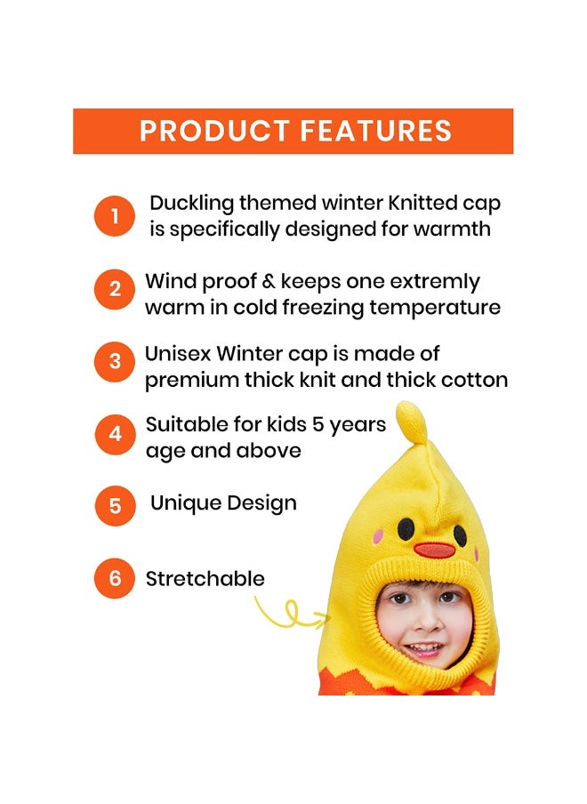 Knitted Yellow Duckling theme Winter Cap covering  Neck Ears and Head for Minus degree Temperature5 yrs and above