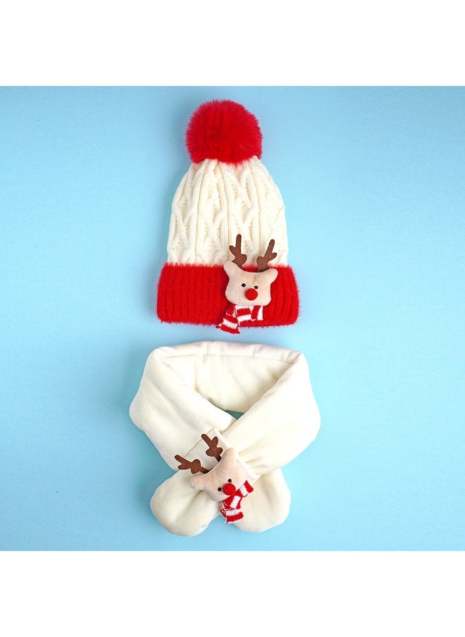 2Pcs White Red Nose Reindeer Themed Winter Cap Beanie With Matching Long Style Neck Muffler For Kids