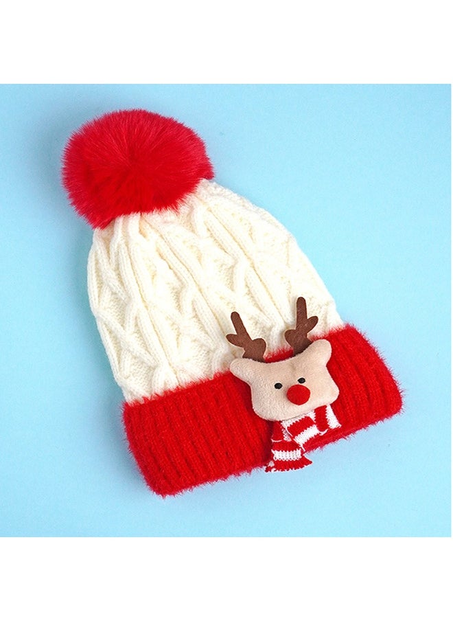 2Pcs White Red Nose Reindeer Themed Winter Cap Beanie With Matching Long Style Neck Muffler For Kids