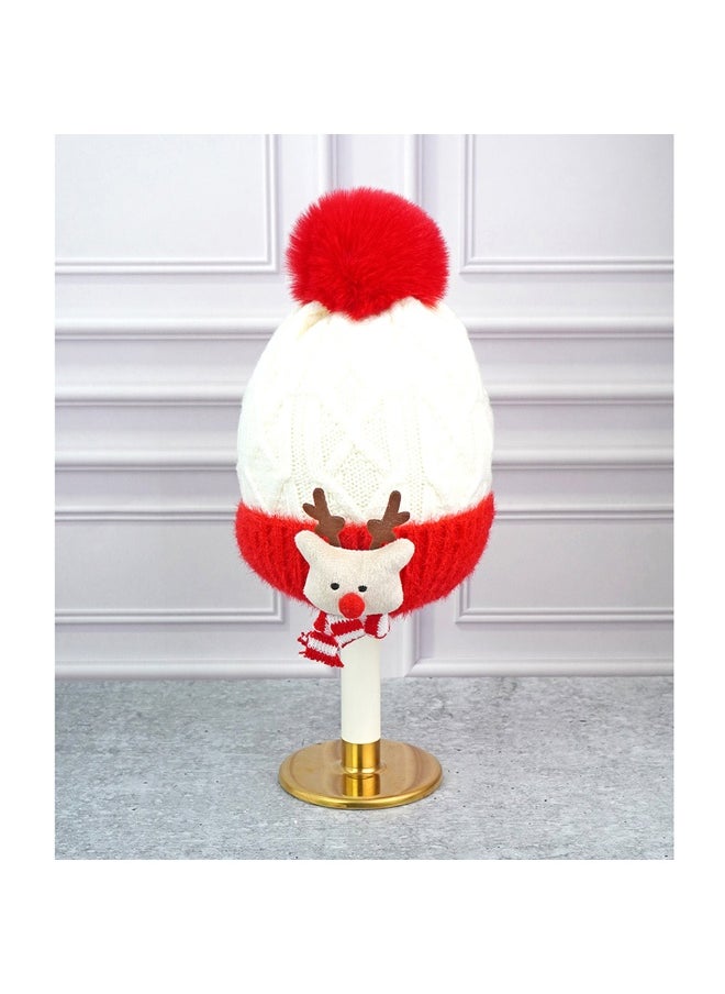 2Pcs White Red Nose Reindeer Themed Winter Cap Beanie With Matching Long Style Neck Muffler For Kids