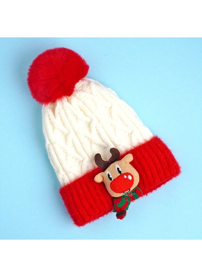 2Pcs White Reindeer Themed Winter Cap Beanie With Matching Long Style Neck Muffler For Kids