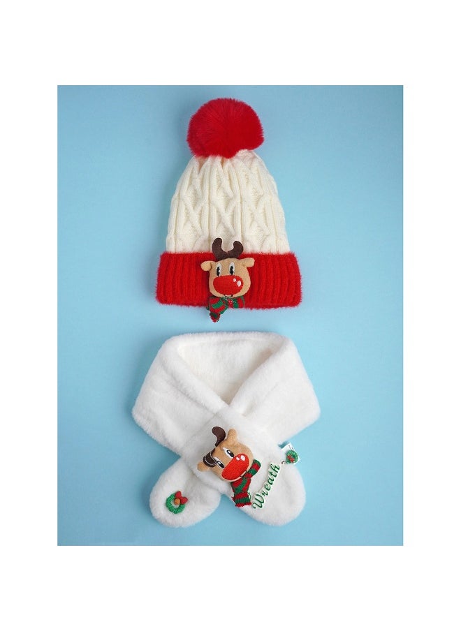 2Pcs White Reindeer Themed Winter Cap Beanie With Matching Long Style Neck Muffler For Kids