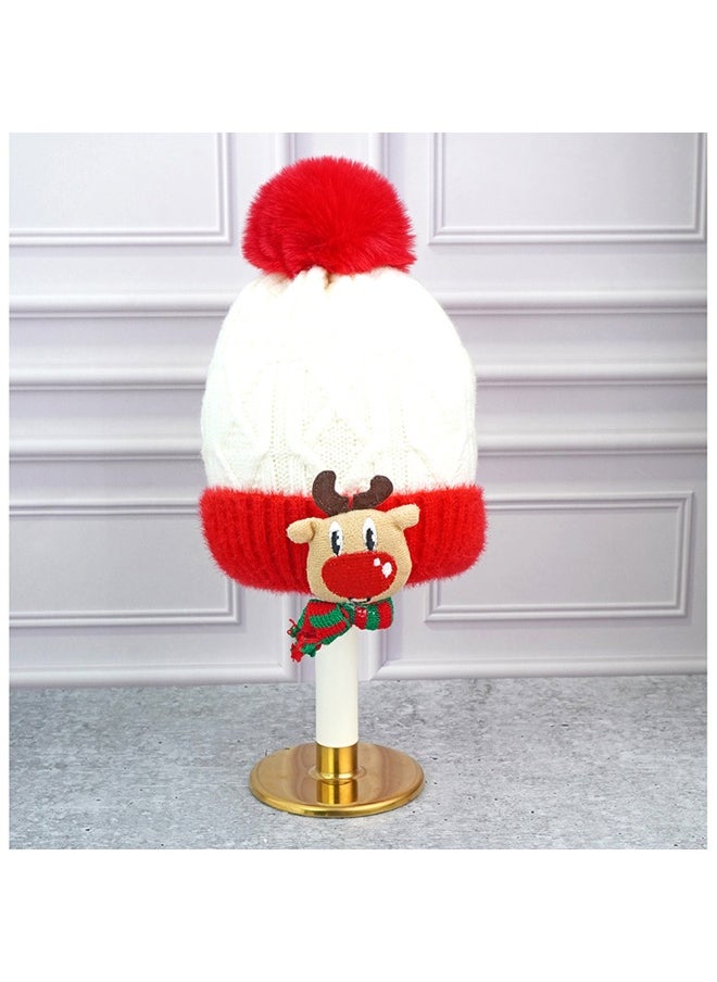2Pcs White Reindeer Themed Winter Cap Beanie With Matching Long Style Neck Muffler For Kids
