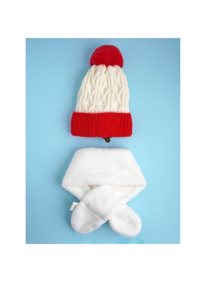2Pcs White Reindeer Themed Winter Cap Beanie With Matching Long Style Neck Muffler For Kids