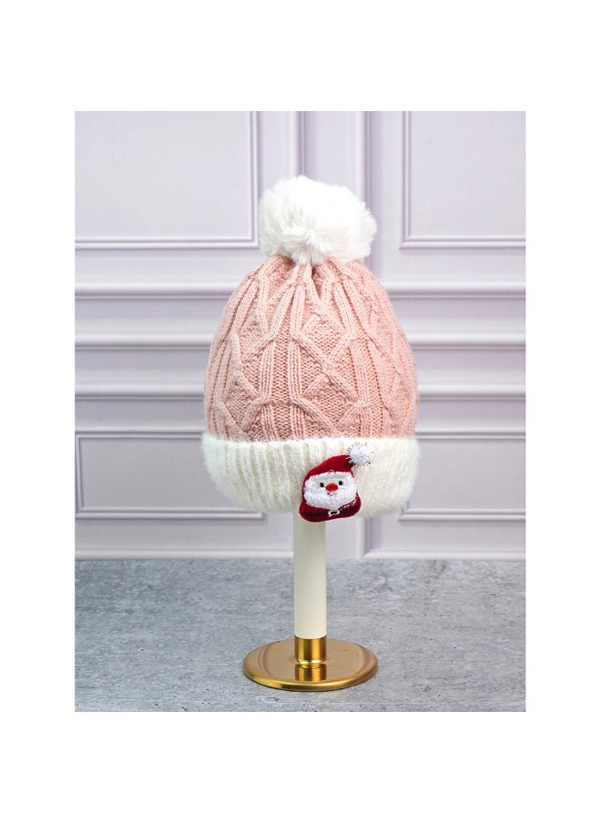 2Pcs Pink Santa Christmas Themed Winter Cap Beanie With Matching Long Style Neck Muffler For Kids