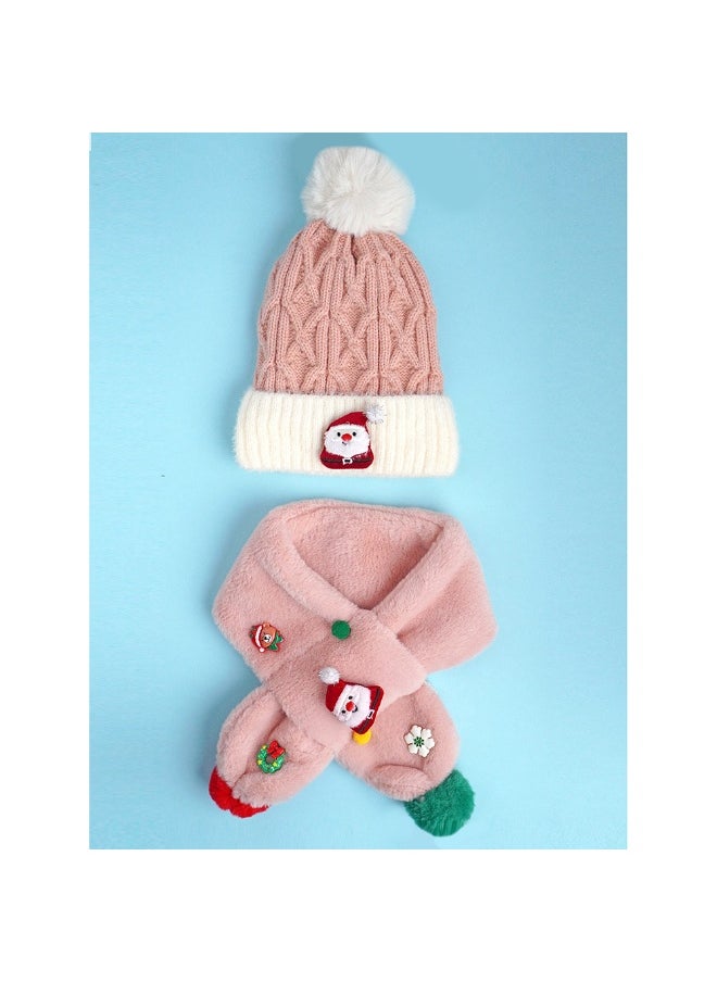 2Pcs Pink Santa Christmas Themed Winter Cap Beanie With Matching Long Style Neck Muffler For Kids