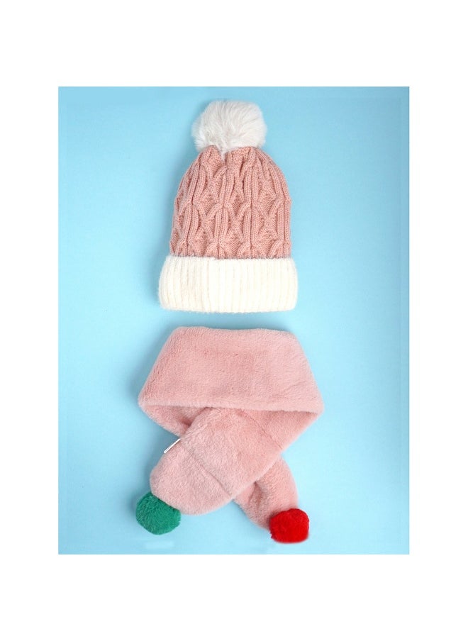 2Pcs Pink Santa Christmas Themed Winter Cap Beanie With Matching Long Style Neck Muffler For Kids