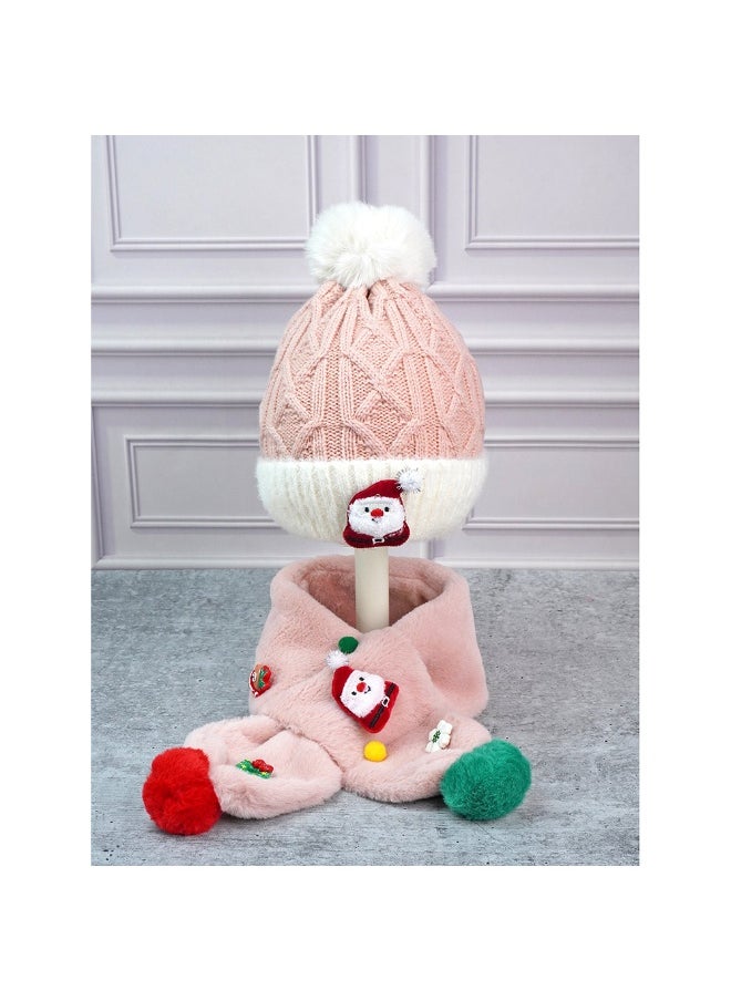 2Pcs Pink Santa Christmas Themed Winter Cap Beanie With Matching Long Style Neck Muffler For Kids