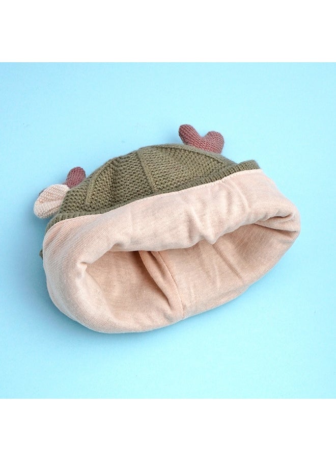 Olive Baby Antler Knitted Soft Woolen Winter Cap With Tie Up 6-18 Months