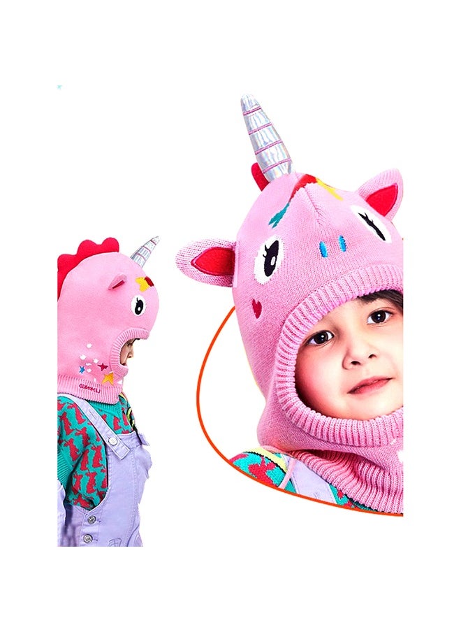 Knitted Pink Star Unicorn theme Winter Cap covering  Neck Ears and Head for Minus degree Temperature5 yrs and above