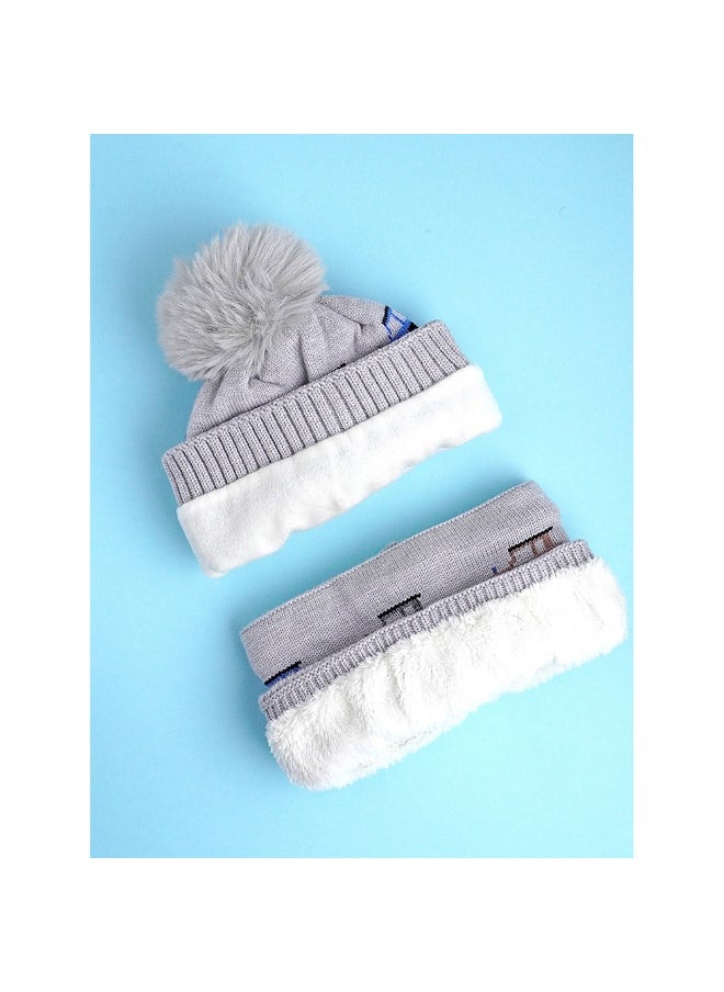 2Pcs Grey Cars Themed Beanie Winter Cap With Matching Neck Cuff Style Muffler For Kids