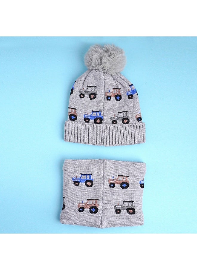 2Pcs Grey Cars Themed Beanie Winter Cap With Matching Neck Cuff Style Muffler For Kids