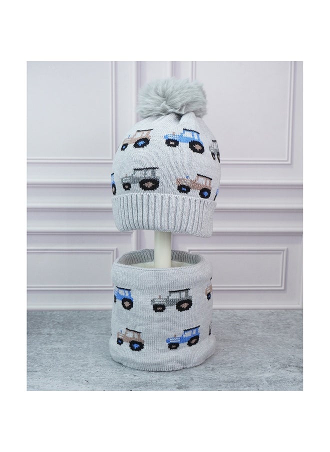 2Pcs Grey Cars Themed Beanie Winter Cap With Matching Neck Cuff Style Muffler For Kids