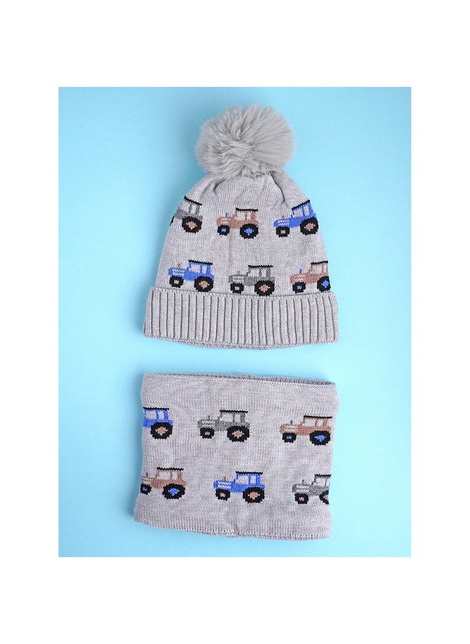 2Pcs Grey Cars Themed Beanie Winter Cap With Matching Neck Cuff Style Muffler For Kids