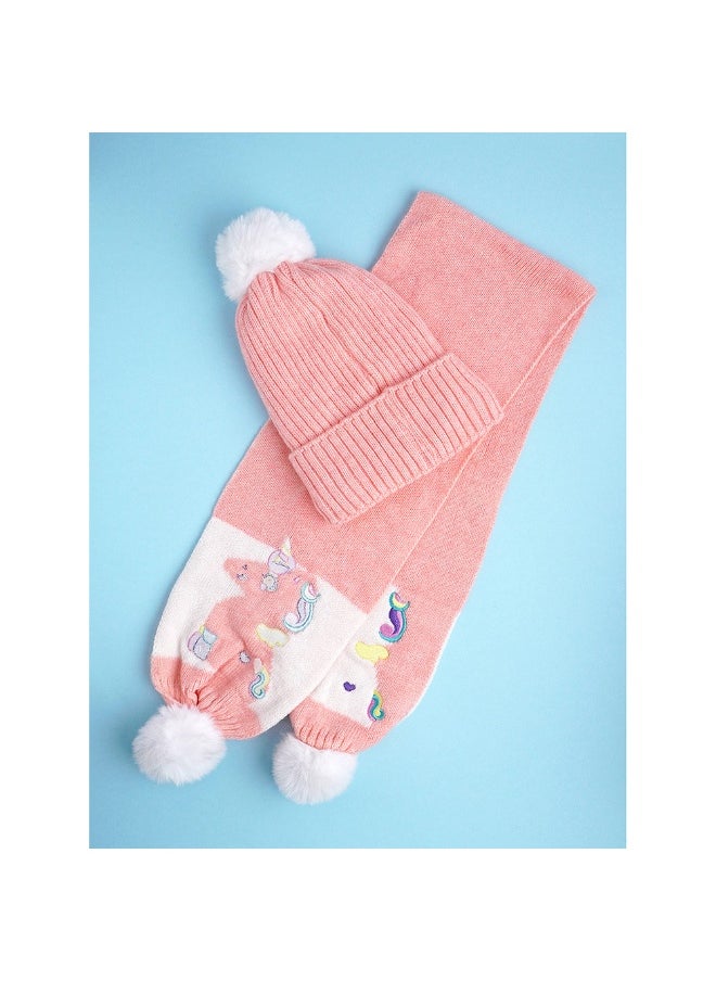 2Pcs Peach Unicorn Themed Beanie Winter Cap With Matching Long Style Neck Muffler For Kids