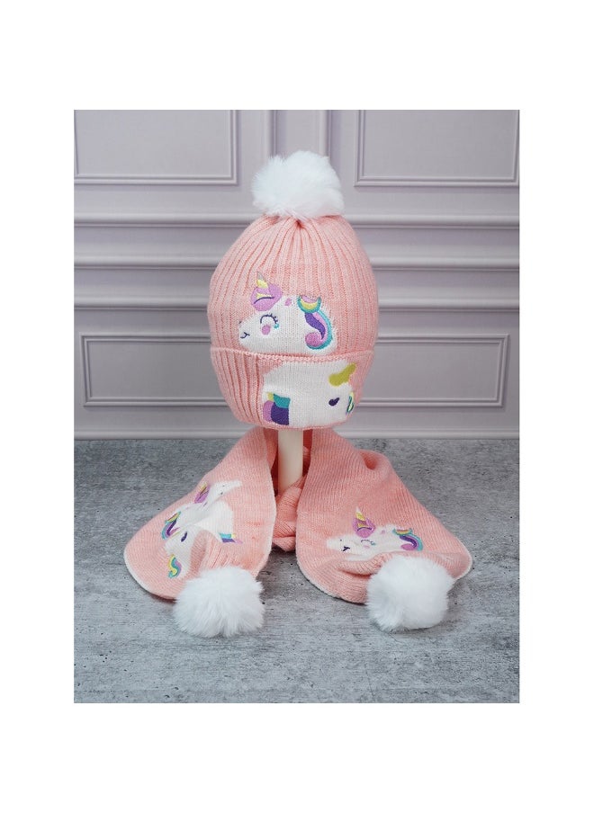 2Pcs Peach Unicorn Themed Beanie Winter Cap With Matching Long Style Neck Muffler For Kids