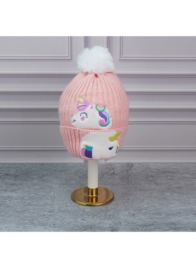 2Pcs Peach Unicorn Themed Beanie Winter Cap With Matching Long Style Neck Muffler For Kids