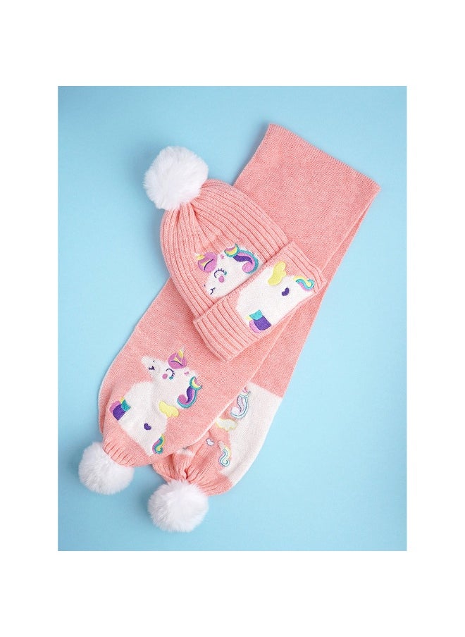 2Pcs Peach Unicorn Themed Beanie Winter Cap With Matching Long Style Neck Muffler For Kids