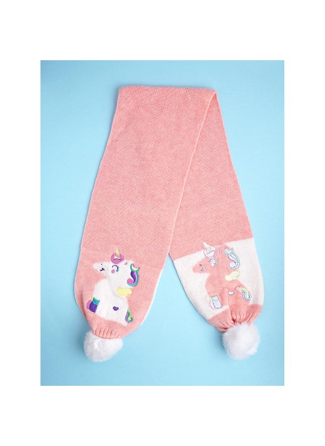 2Pcs Peach Unicorn Themed Beanie Winter Cap With Matching Long Style Neck Muffler For Kids