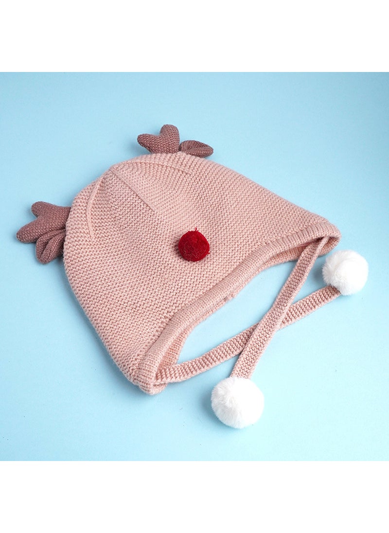 Peach Baby Antler Knitted Soft Woolen Winter Cap With Tie Up 6-18 Months
