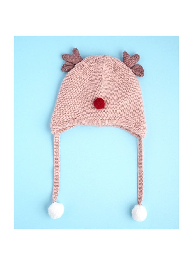 Peach Baby Antler Knitted Soft Woolen Winter Cap With Tie Up 6-18 Months