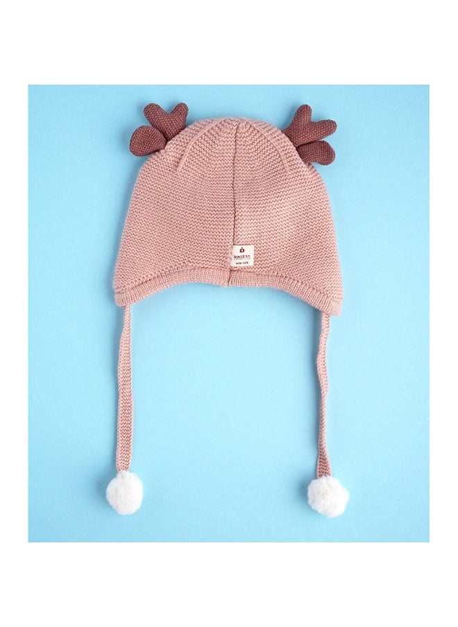 Peach Baby Antler Knitted Soft Woolen Winter Cap With Tie Up 6-18 Months